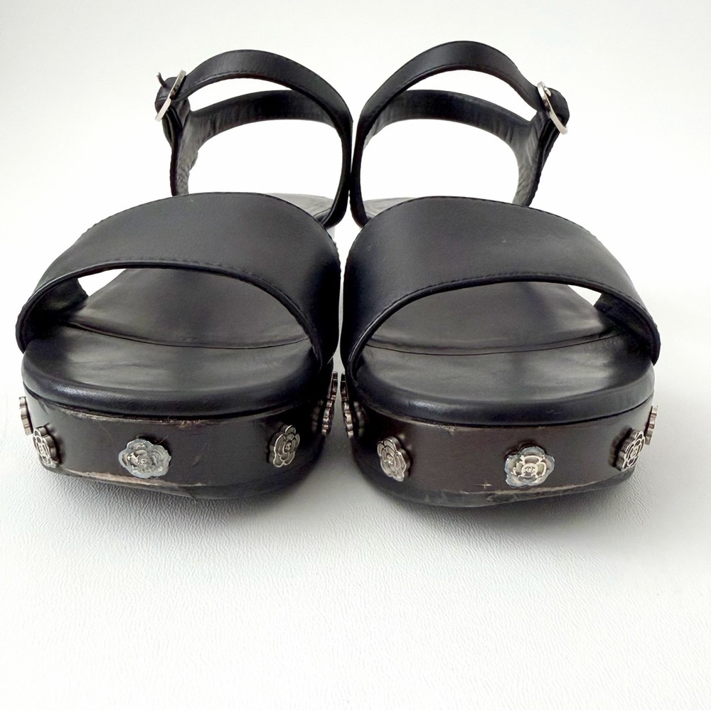 CHANEL | Camellia Logo Wood Platform Clog Sandals Black Calfskin Ankle Strap 39 - Picture 6 of 13